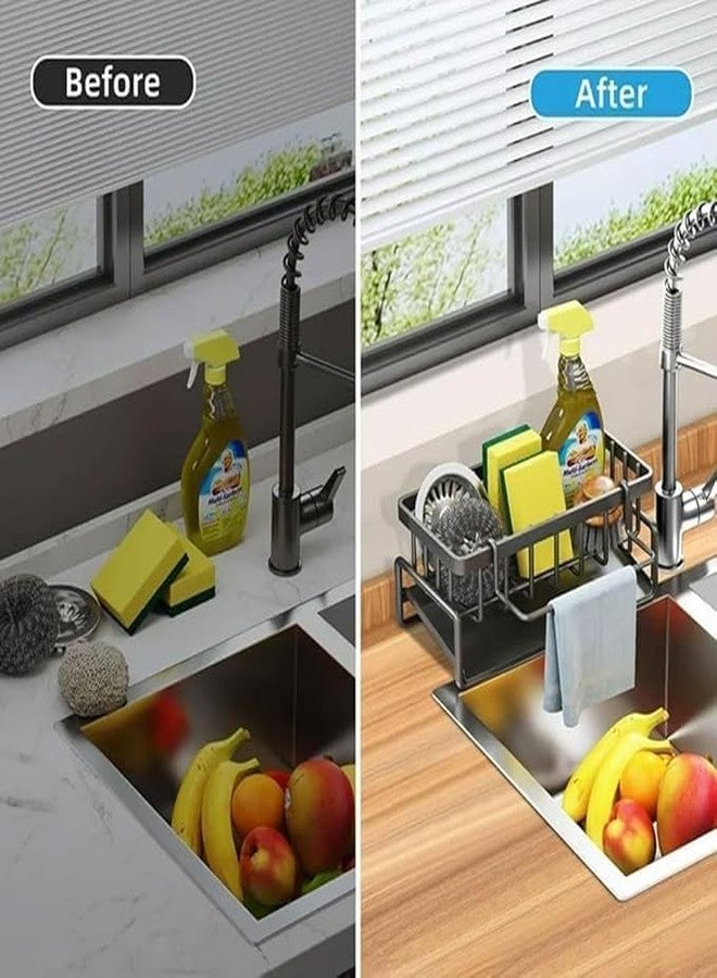 VLSYS Sink Organizer, Metal Sponge Holder Kitchen | Auto-Draining Sink Storage | Organizer soap Tray, Sink Shelf with Towel bar, dishwashing Brush Holder, Kitchen Storage Rack (Black) - Image 5